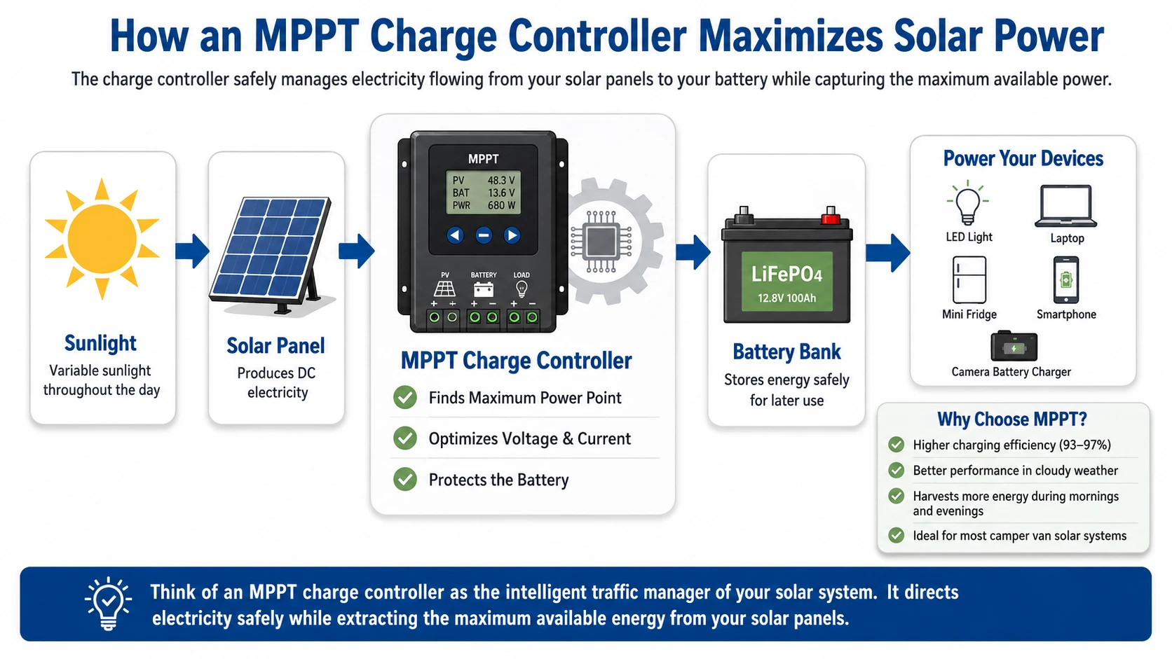 Infographic showing how an MPPT charge controller improves solar charging efficiency.