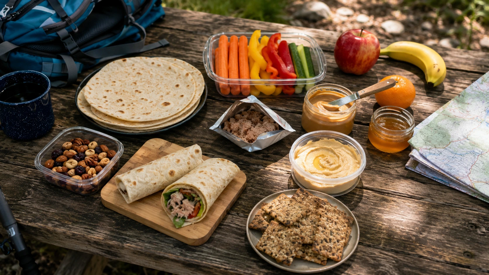No-cook camping lunch with wraps, vegetables, hummus, nuts, crackers, and fruit