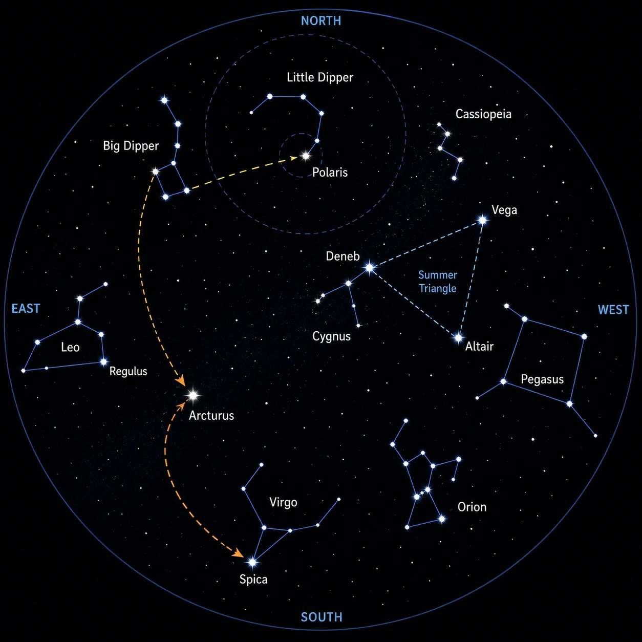 Educational constellation map showing the Big Dipper, Polaris, Orion, Pegasus, Leo, and the Summer Triangle with navigation arrows.