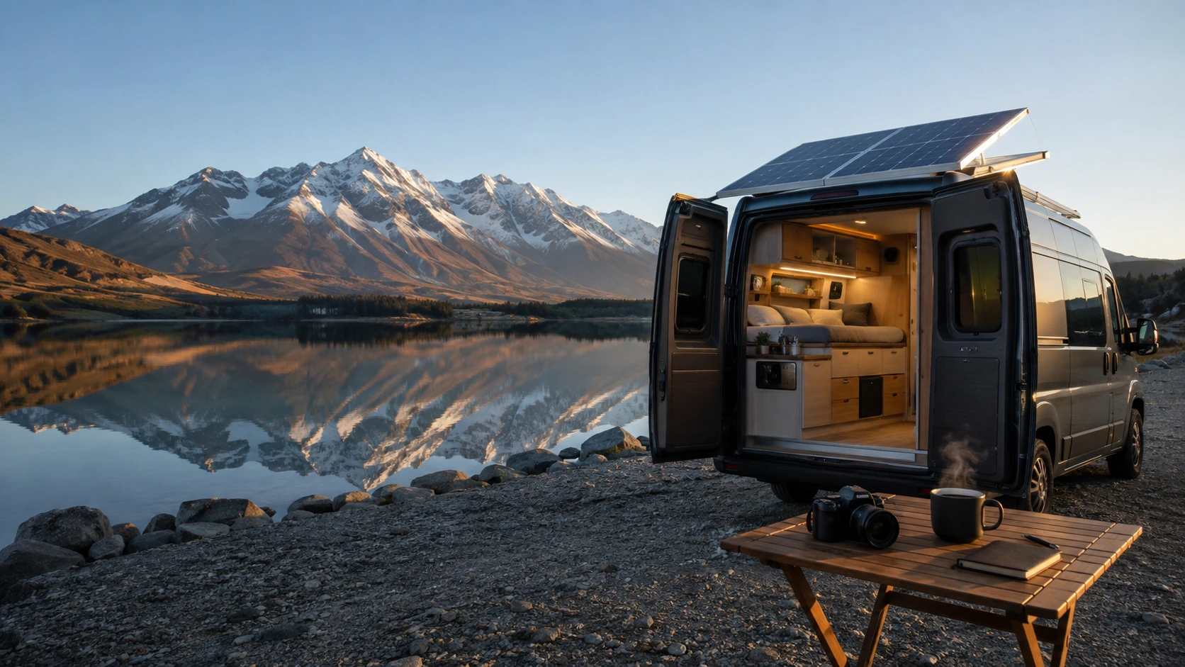 Camper van parked beside a mountain lake at dusk with rooftop solar panels and warm interior lighting.