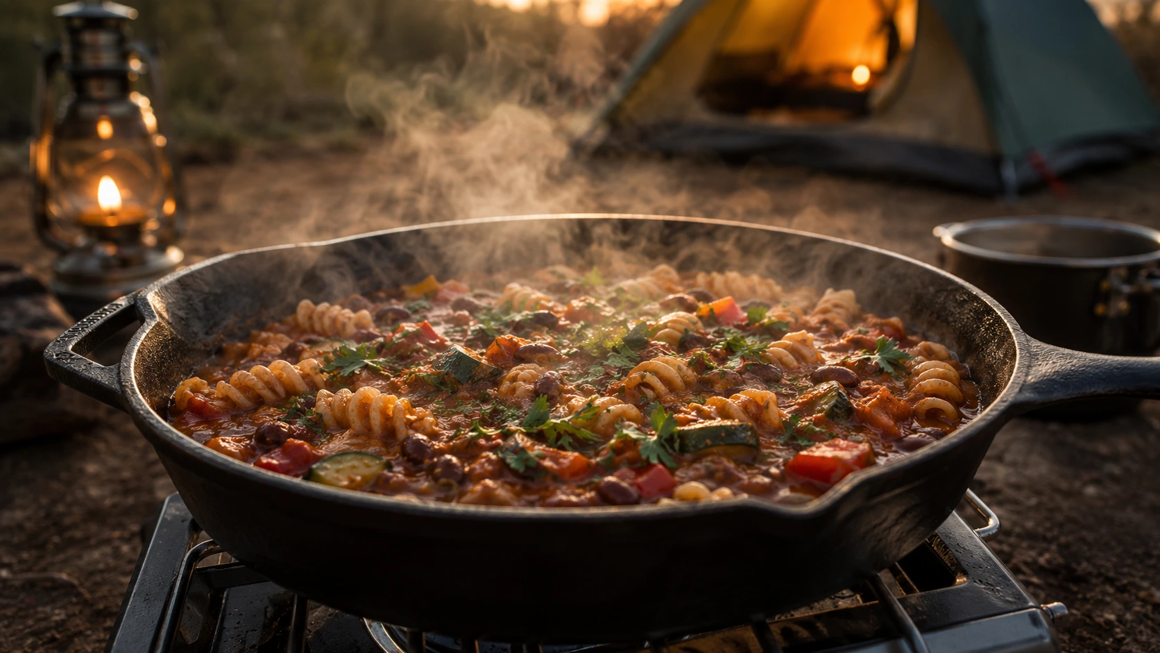 One-pan camping pasta with beans and vegetables cooking at a campsite