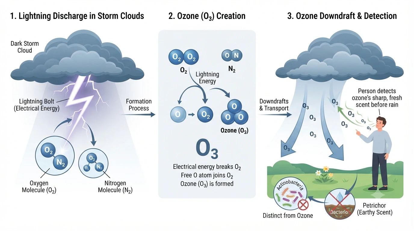 Infographic showing how lightning creates ozone and how it differs from petrichor before rainfall.