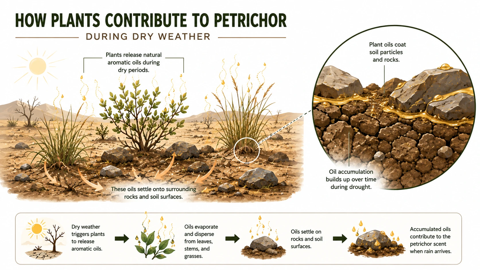 Scientific vector illustration showing plants releasing aromatic oils during drought that settle onto surrounding soil particles and rocks