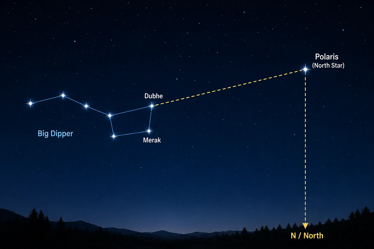 Big Dipper with Merak and Dubhe labeled, a guide toward Polaris, and a north marker.