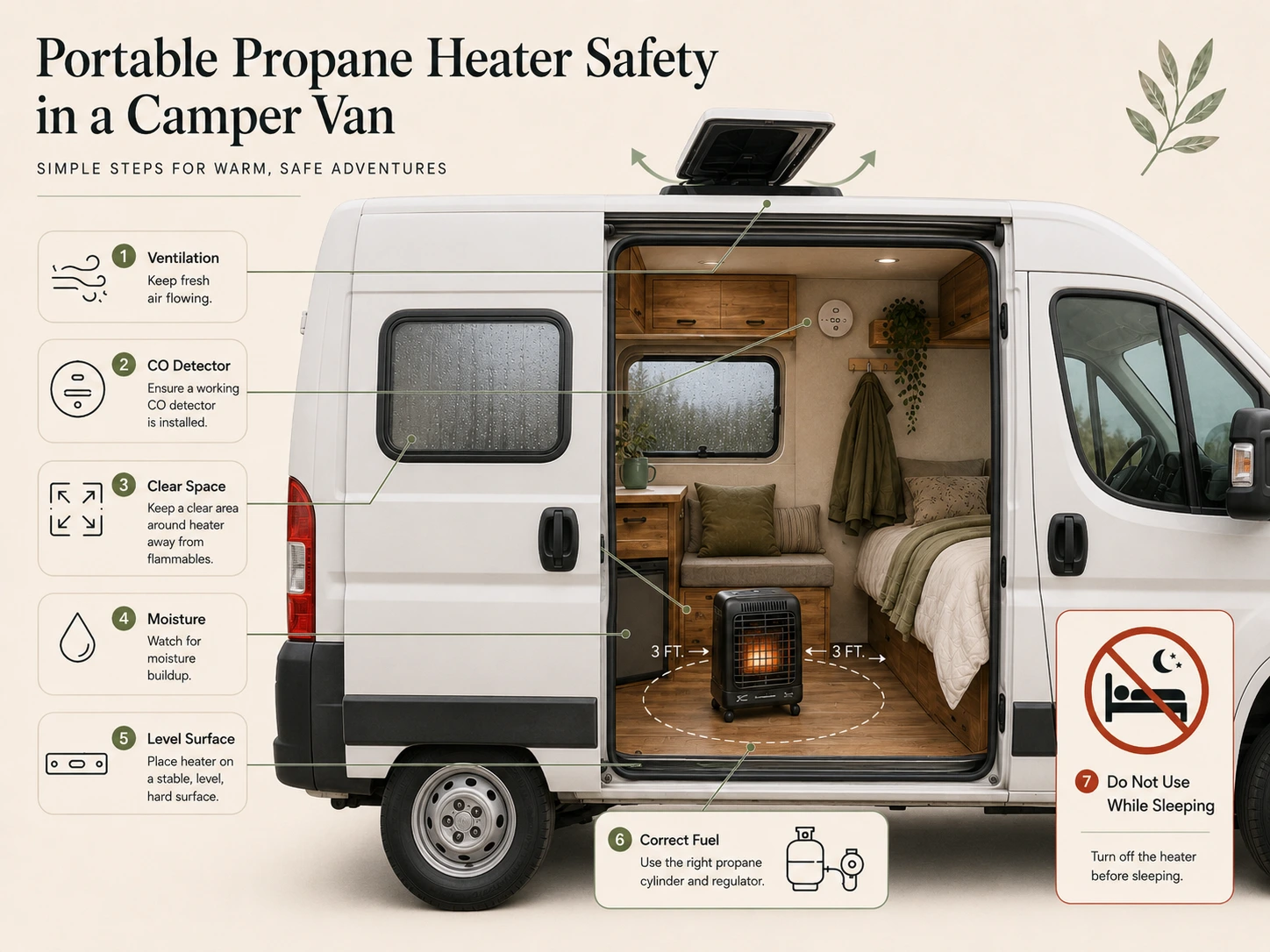 Camper van propane heater safety infographic showing ventilation, CO detection, clear space, moisture awareness, and no use while sleeping.