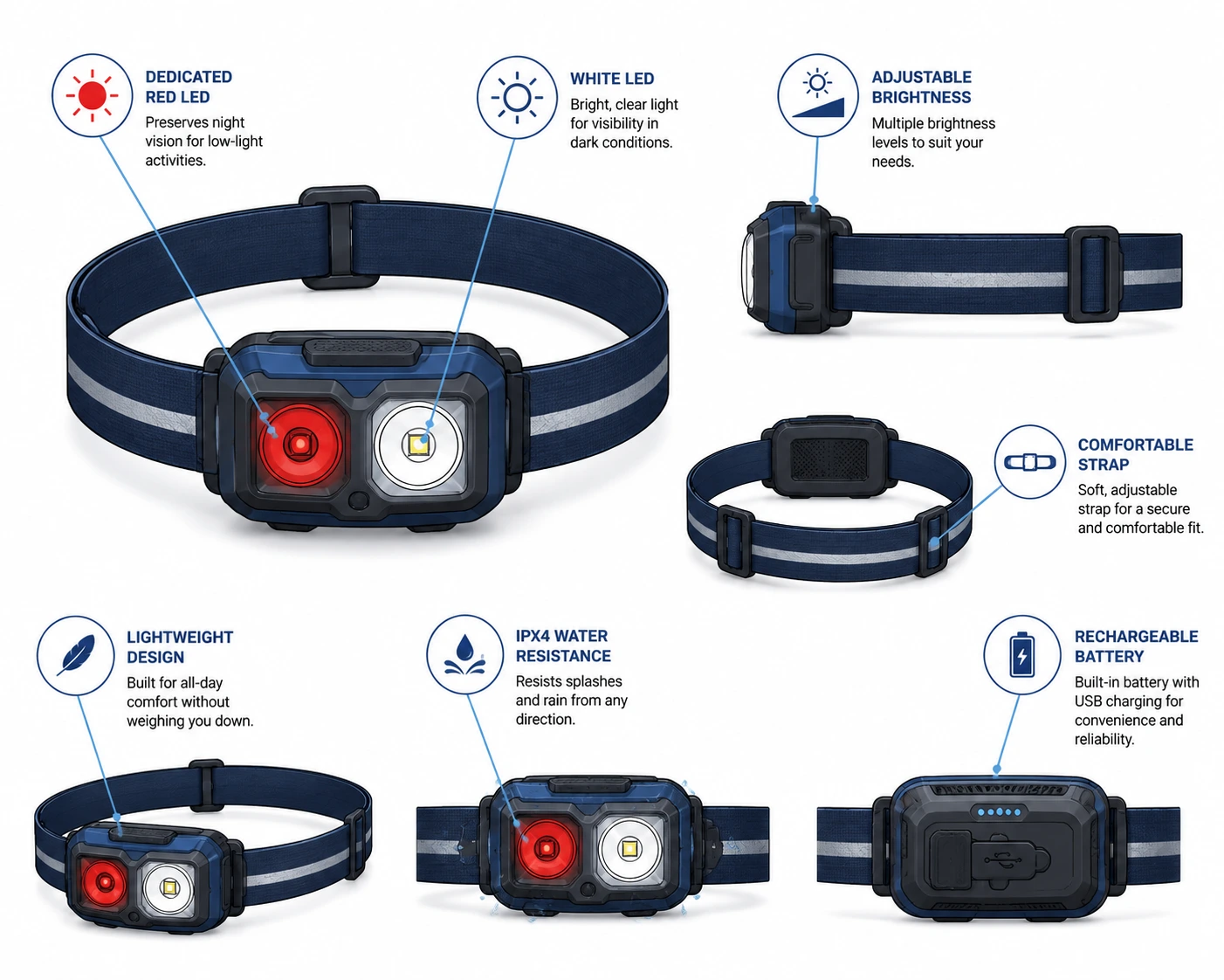 Technical illustration highlighting the features of a red light headlamp.