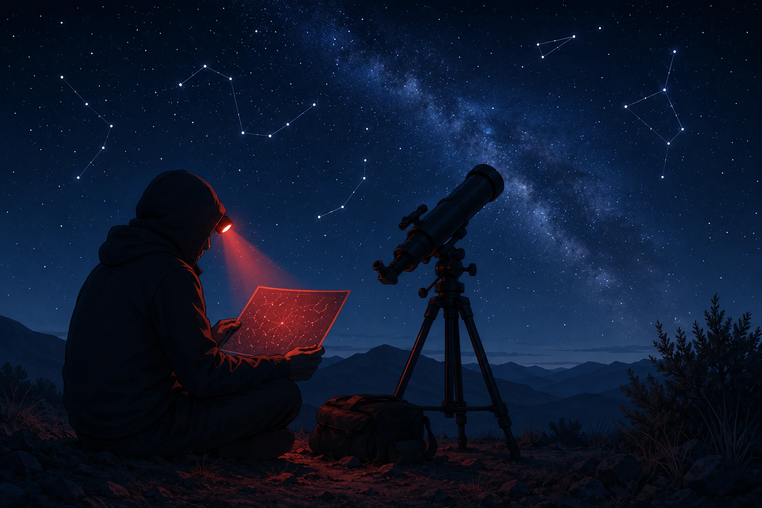 A stargazer using a red light headlamp for stargazing while reading a star chart under the night sky