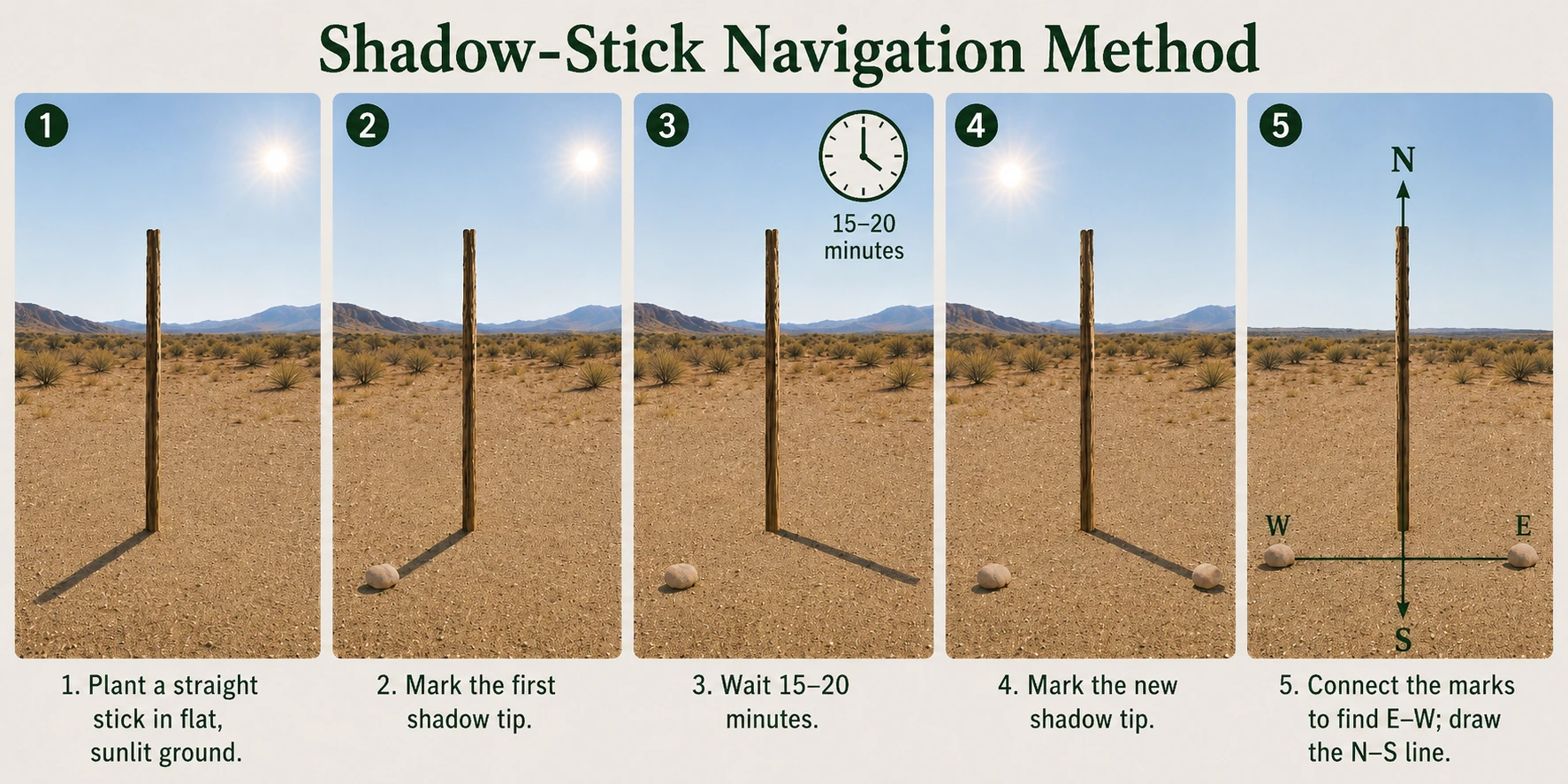 Five-step shadow-stick method to navigate without a compass, using two shadow-tip markers to estimate east-west and north-south directions.