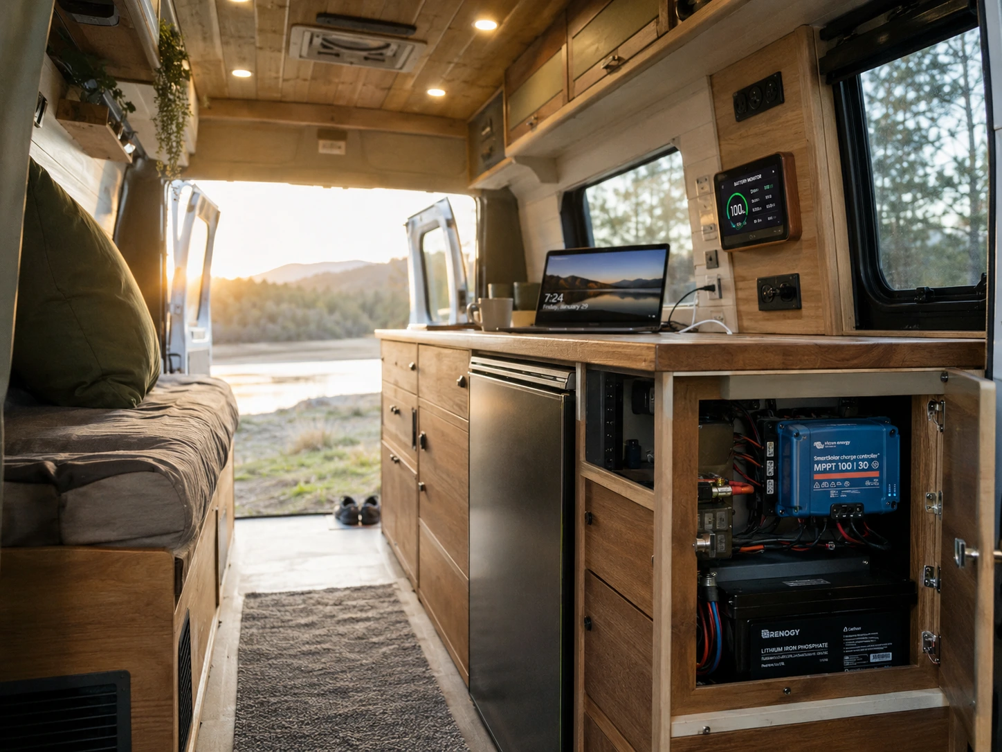 Interior of a camper van powered by a rooftop solar system with lighting, laptop, and battery monitor visible.