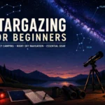 Stargazing for beginners under the Milky Way with a tent, telescope, binoculars, red-light headlamp, and constellation guide.