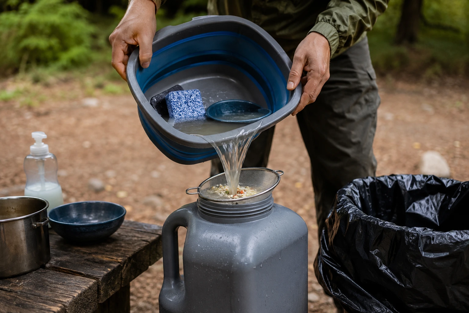 Camper straining food scraps from dishwater into a greywater container at camp