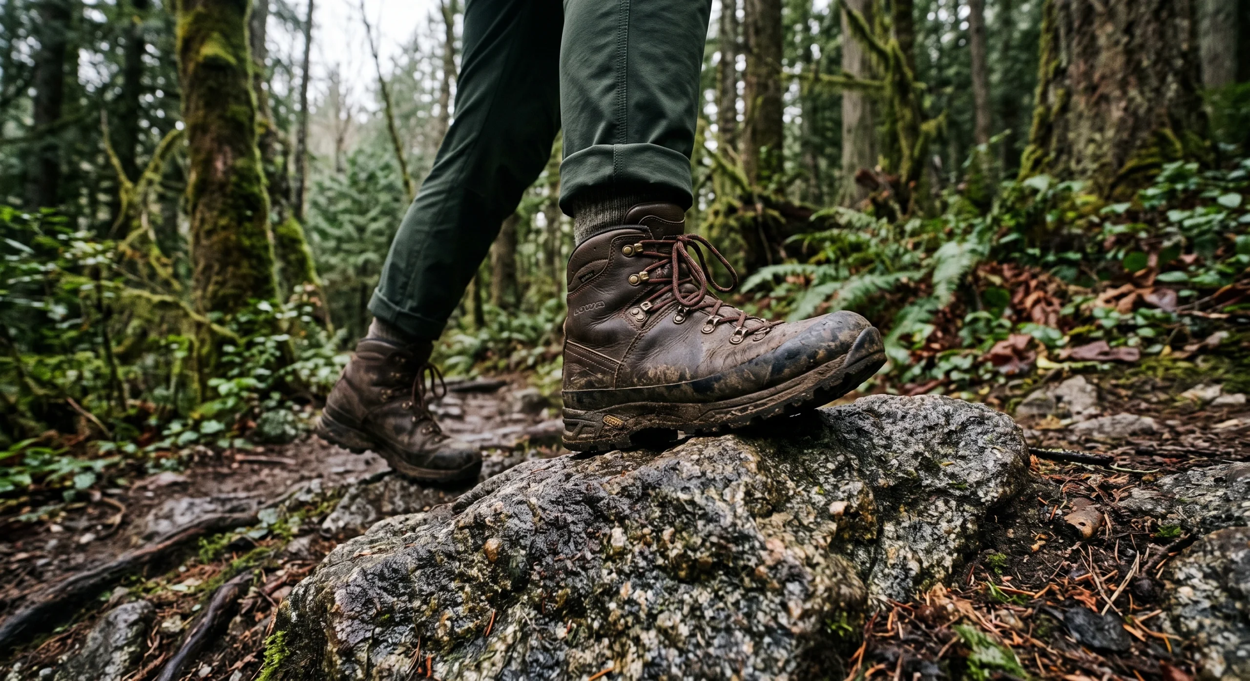 A close-up of sturdy leather hiking boots stepping on a wet granite rock along a forest trail.