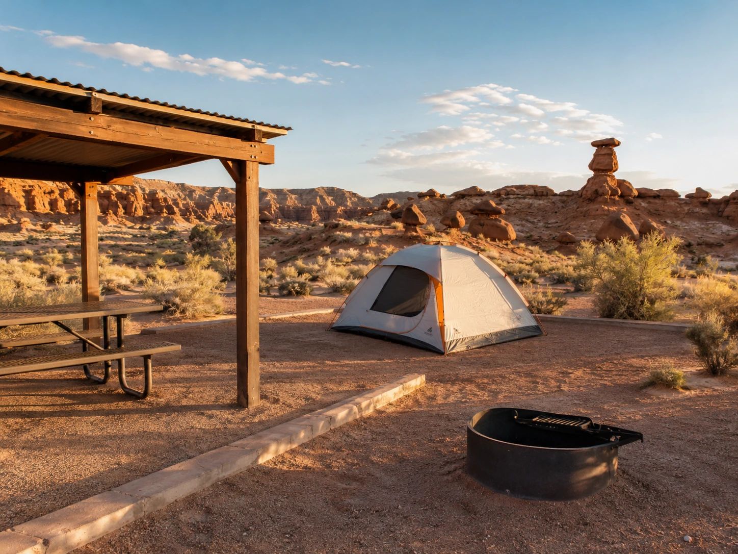 Tent camping in Goblin Valley at a developed desert campsite with a shade shelter and fire ring in Goblin Valley