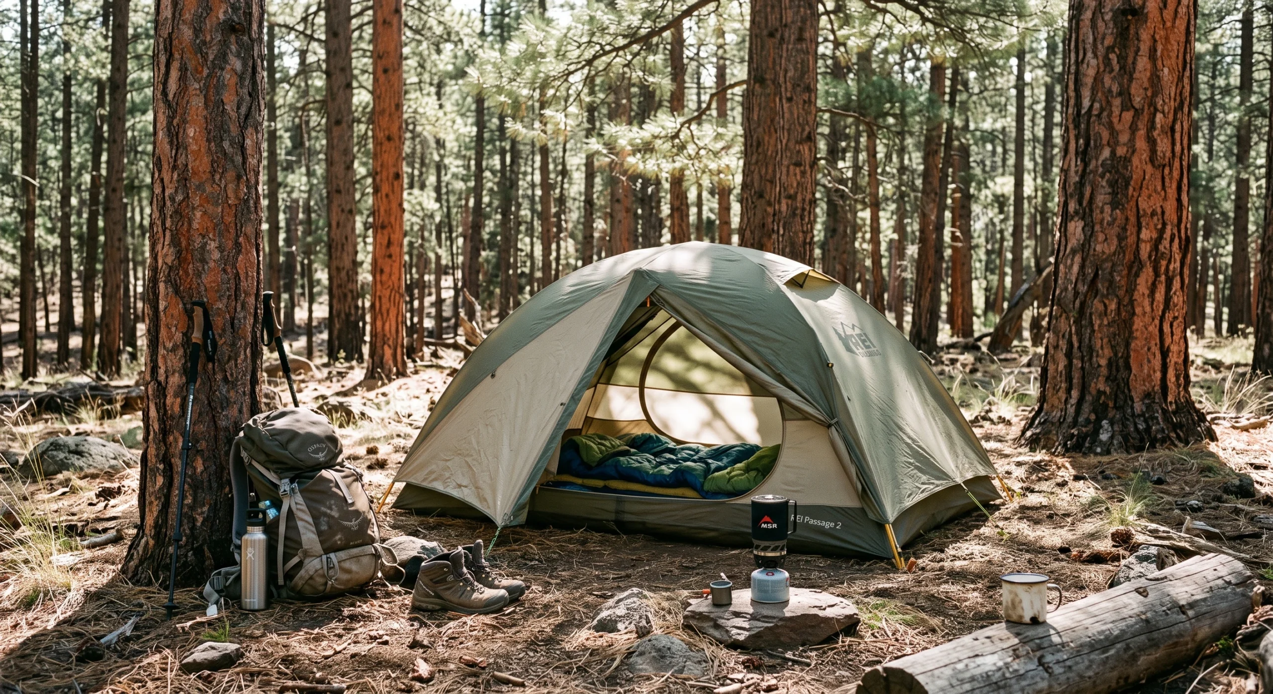 A green dome tent pitched under tall ponderosa pine trees while tent camping in Custer State Park.