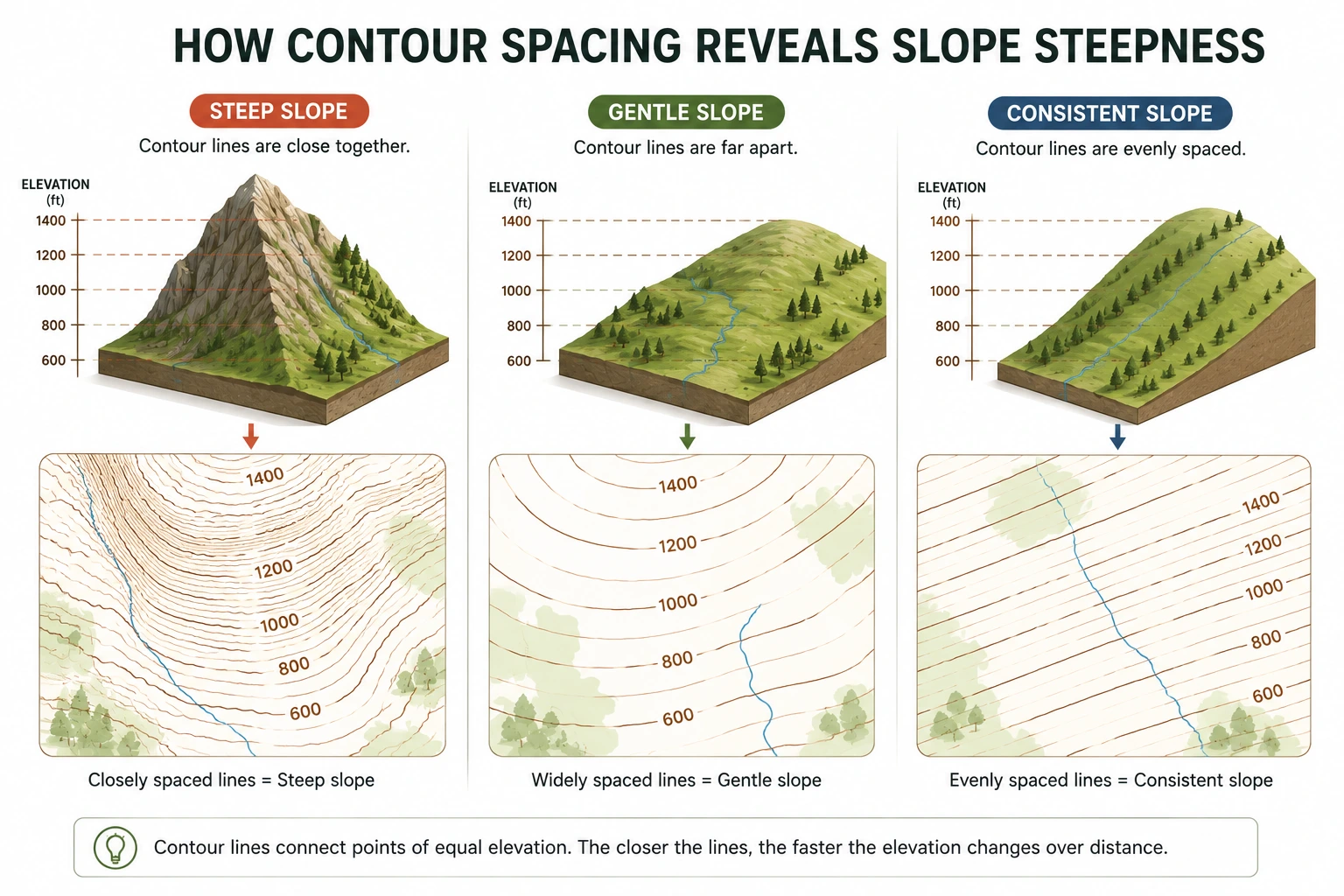 Infographic showing how contour line spacing indicates steep, gentle, and consistent slopes