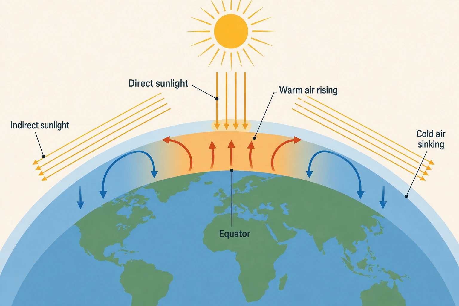 Diagram showing how uneven solar heating causes warm air to rise and cooler air to sink