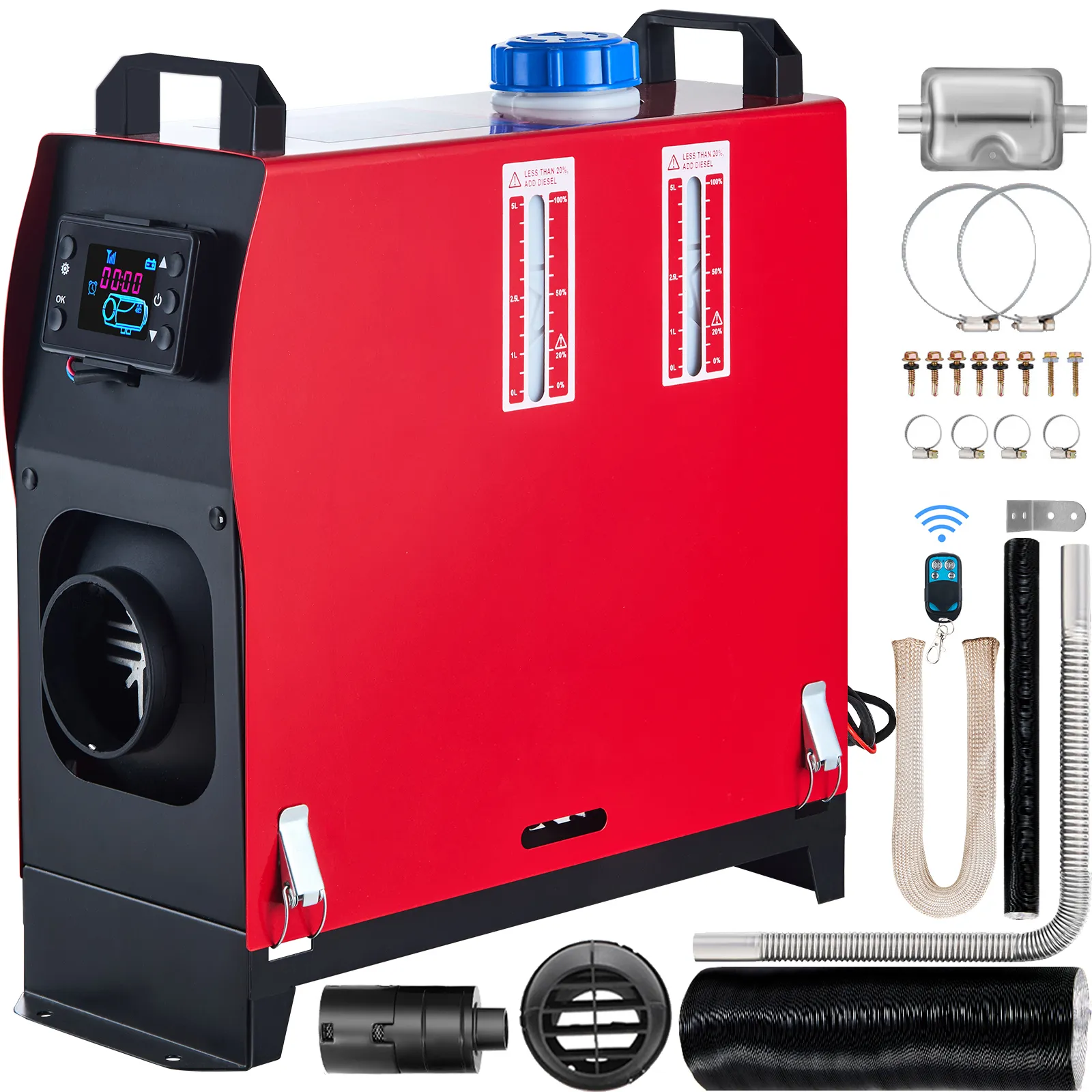 VEVOR 8kW all-in-one diesel heater with remote and installation accessories.