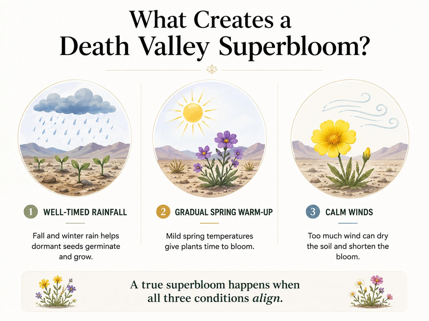 Three conditions that help create a Death Valley superbloom: rainfall, mild temperatures, and calm winds.