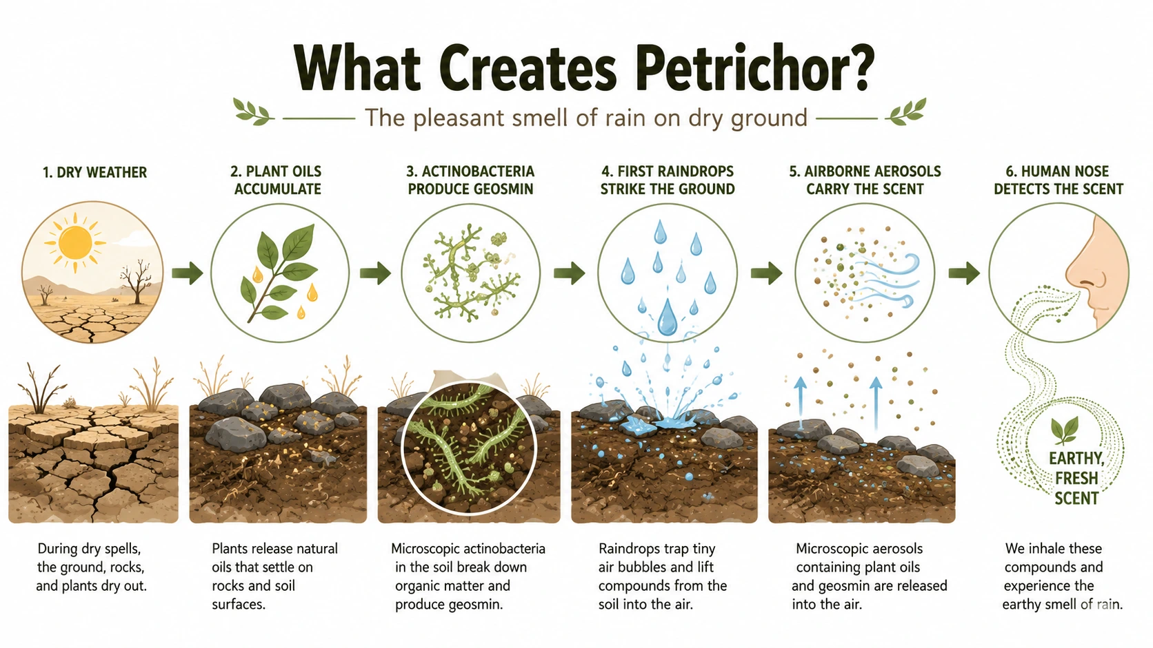 Educational infographic showing how dry weather, plant oils, actinobacteria, geosmin, raindrops, and airborne aerosols combine to create petrichor.
