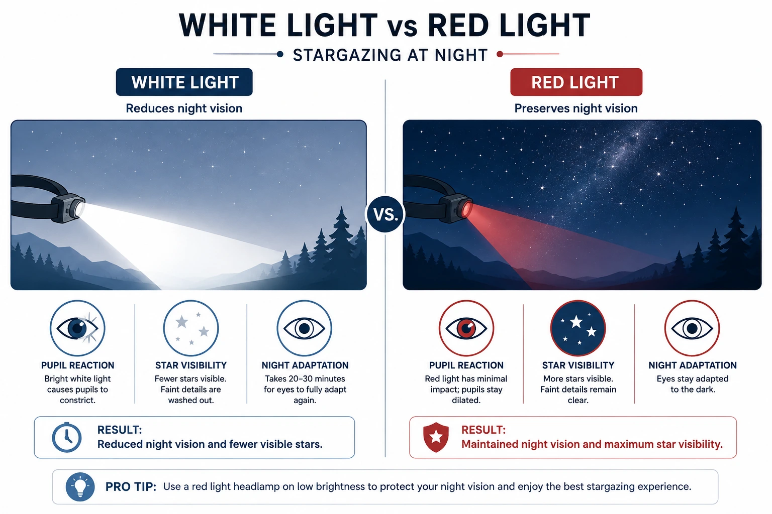 Comparison infographic showing how white light and red light affect night vision.