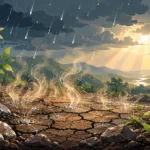 Why does rain smell so good? Illustration of rain falling on dry cracked soil with petrichor rising as an earthy mist., surrounded by green plants beneath storm clouds and sunlight.
