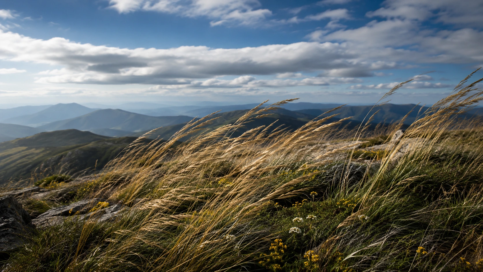 Wind blowing across a mountain ridge with tall grass bending in the airflow