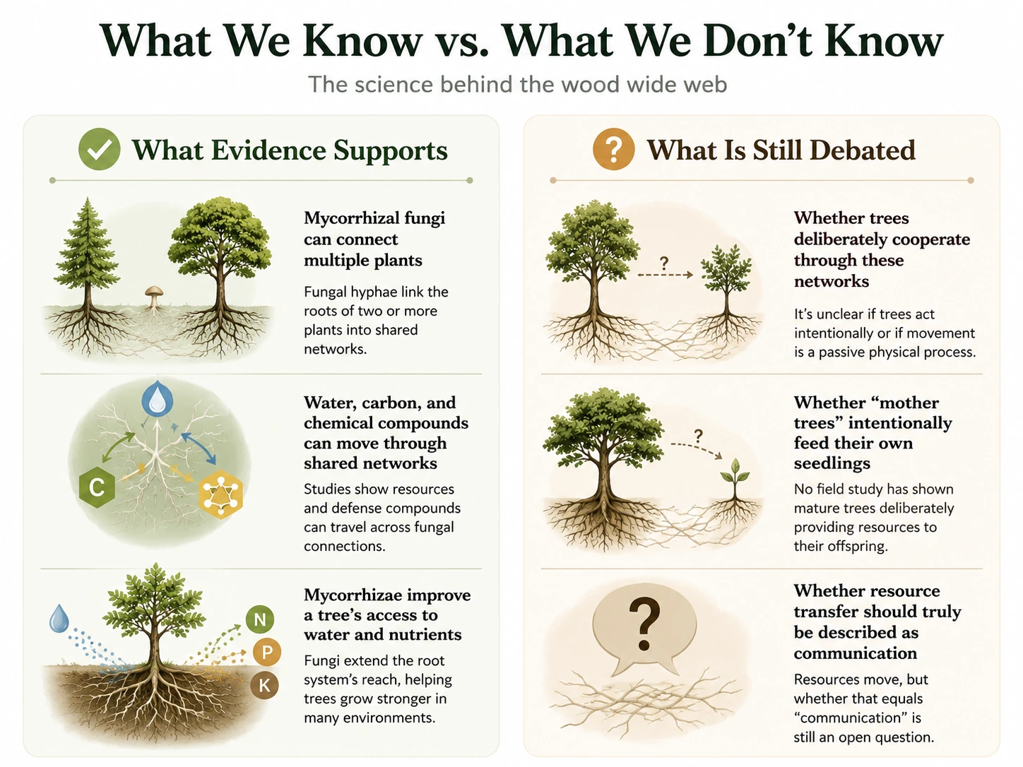 Wood wide web infographic comparing evidence about mycorrhizal networks with debated claims about tree communication.