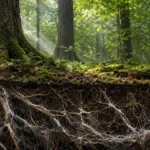 Forest cross-section showing tree roots connected by fine fungal hyphae underground.