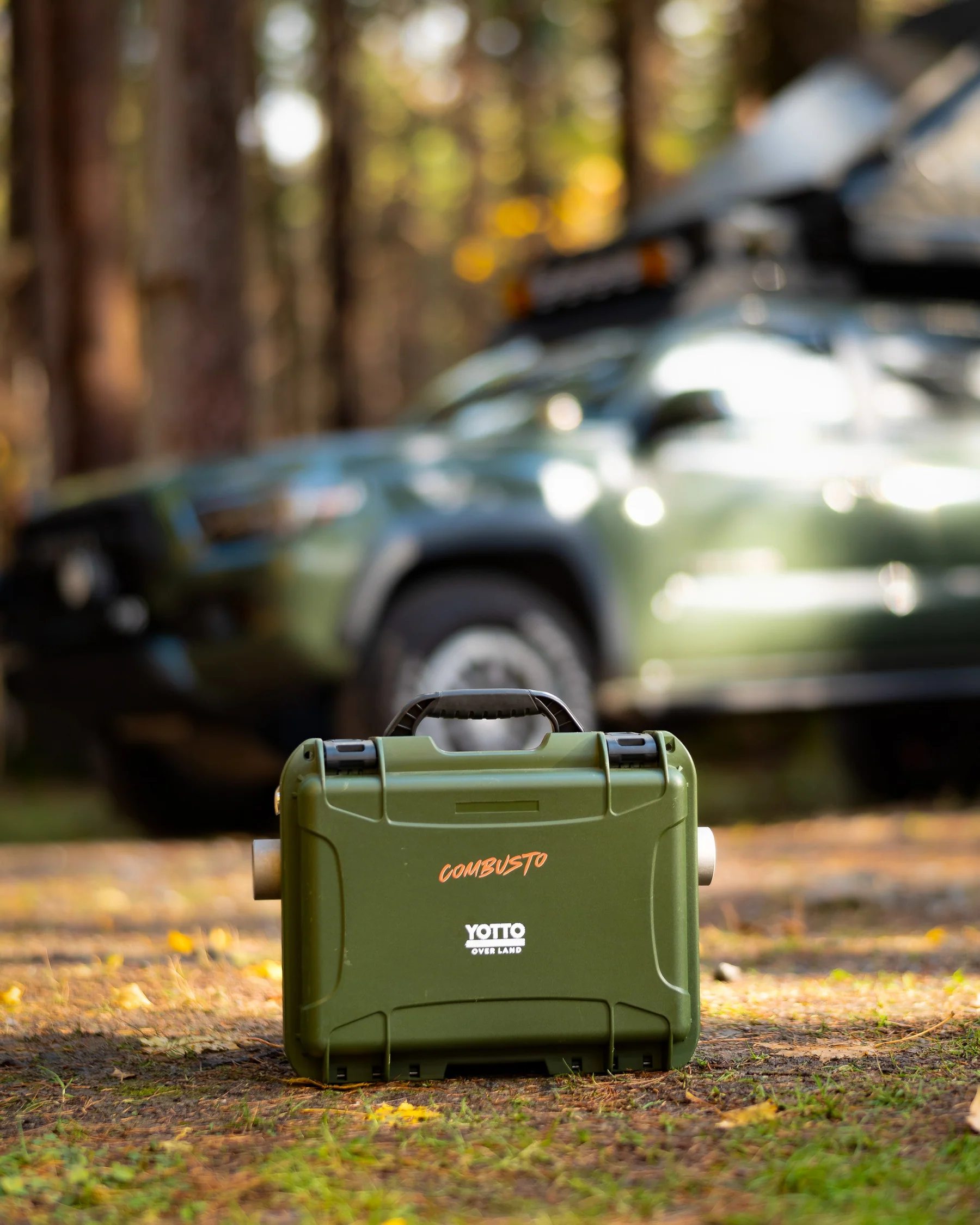 YOTTO Overland Combusto 2K portable diesel heater at a campsite.