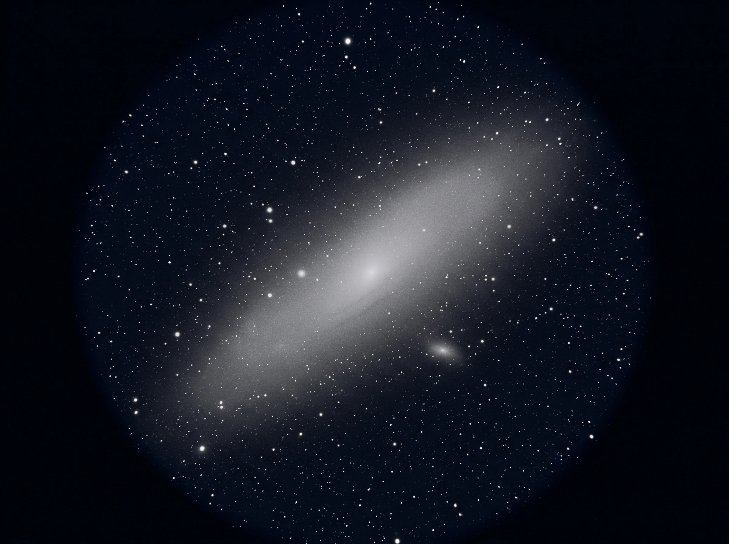 Realistic view of the Andromeda Galaxy through 10x50 binoculars showing a faint oval smudge while stargazing the autumn constellations.