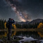 A stargazer holding binoculars under a clear autumn night sky with Cassiopeia and the Milky Way visible above pine trees.