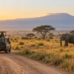 Safari vehicle passing elephants on the African savanna at sunrise.