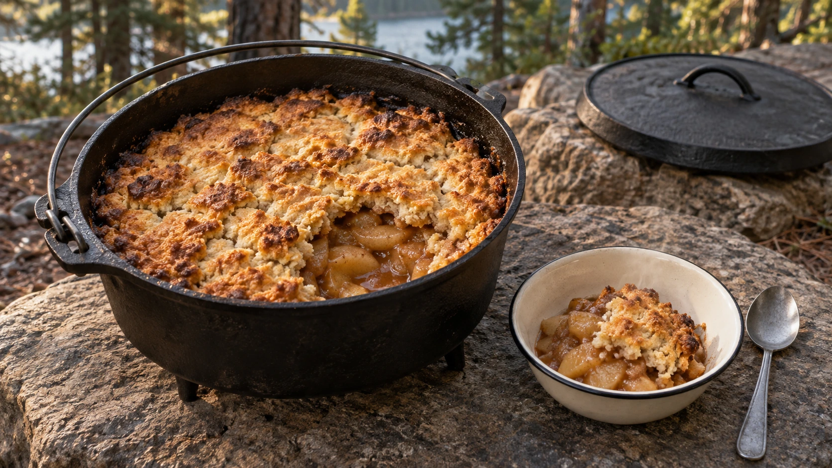 Golden apple cobbler in a cast-iron Dutch oven with a serving in an enamel bowl at a wooded campsite.