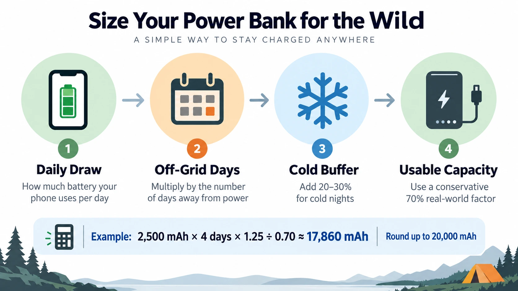 Infographic showing the four-step battery math method for choosing a power bank to charge your phone while camping.