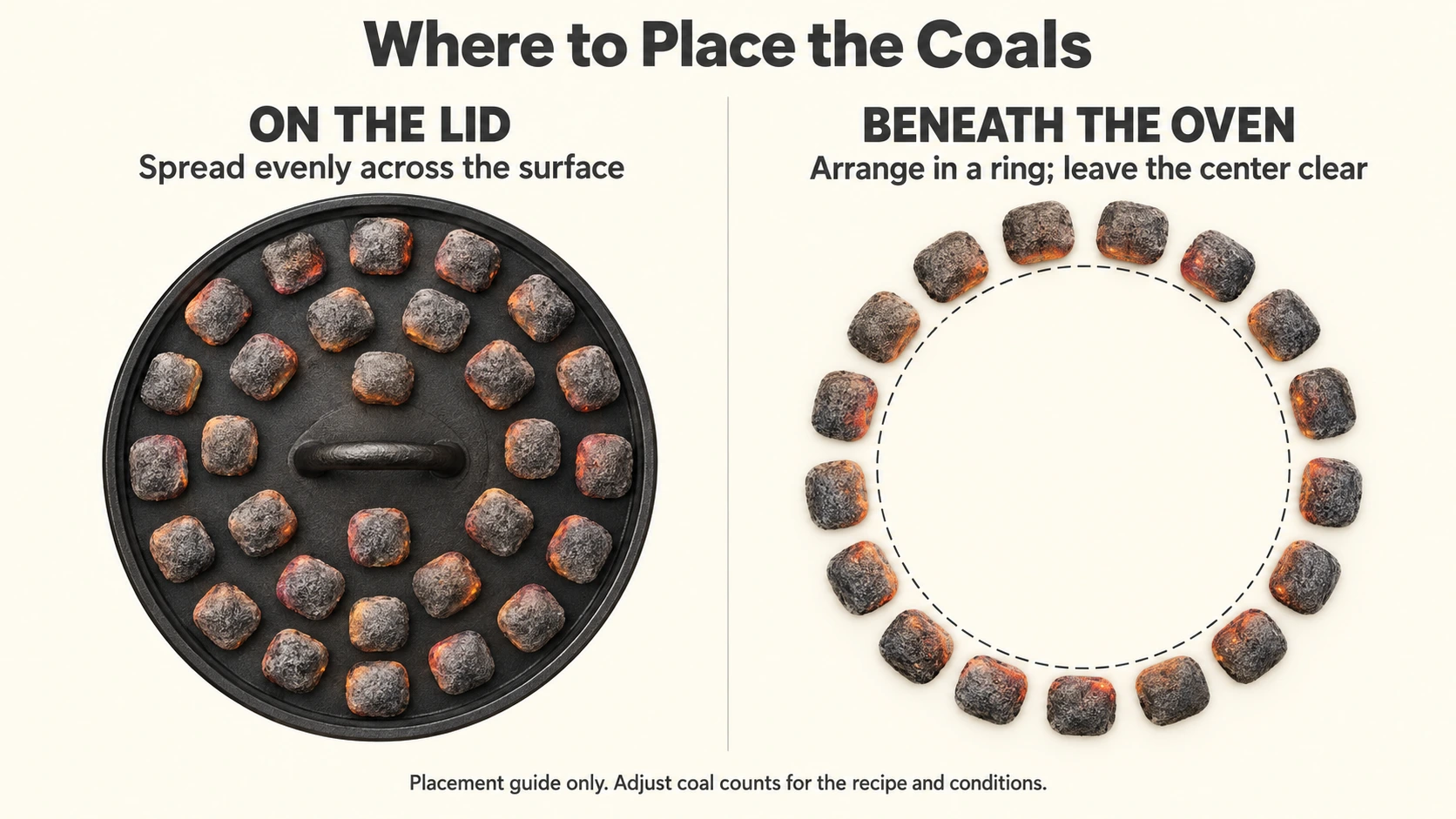Coal placement for Dutch oven camping recipes, showing briquettes spread across the lid and arranged in a ring beneath the oven.