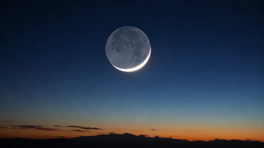 Thin crescent Moon with faint earthshine visible over a twilight mountain horizon.