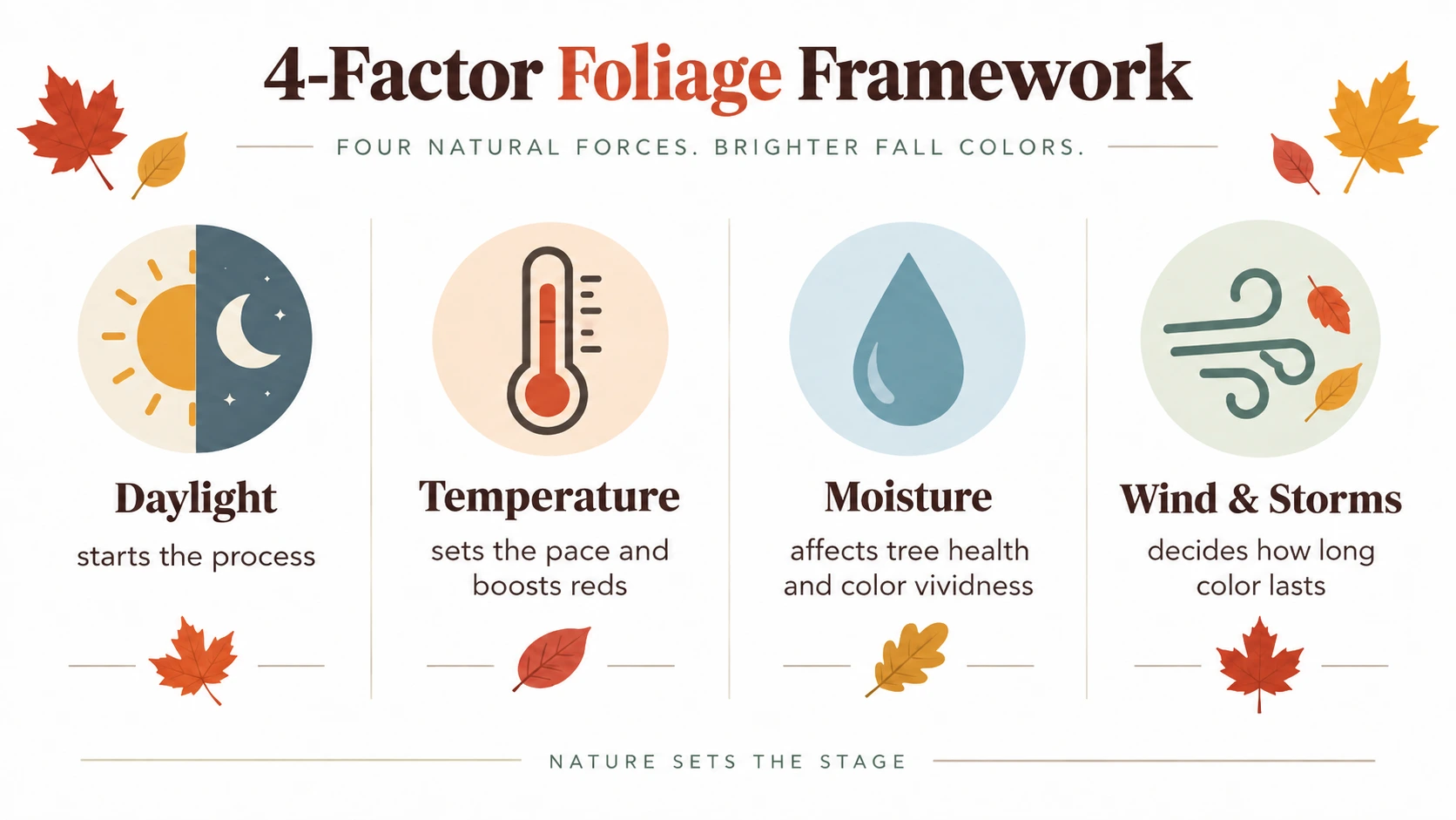 Four major factors that affect peak fall foliage: daylight, temperature, moisture, and wind.