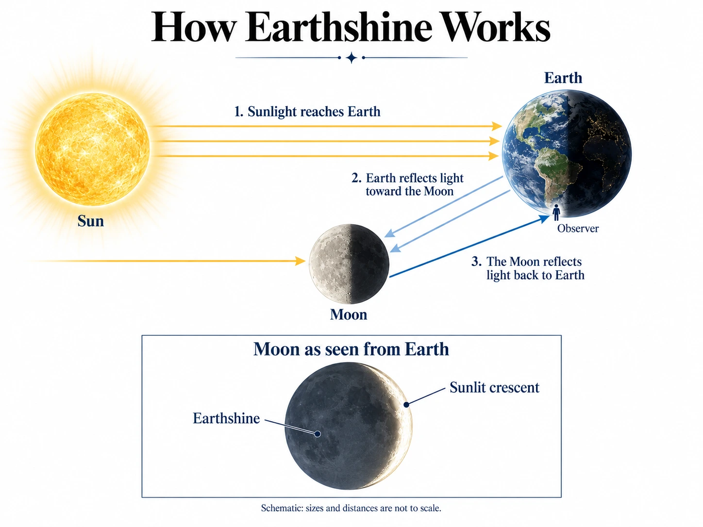 Diagram showing how earthshine forms as sunlight reflects from Earth to the Moon and back to an observer on Earth.