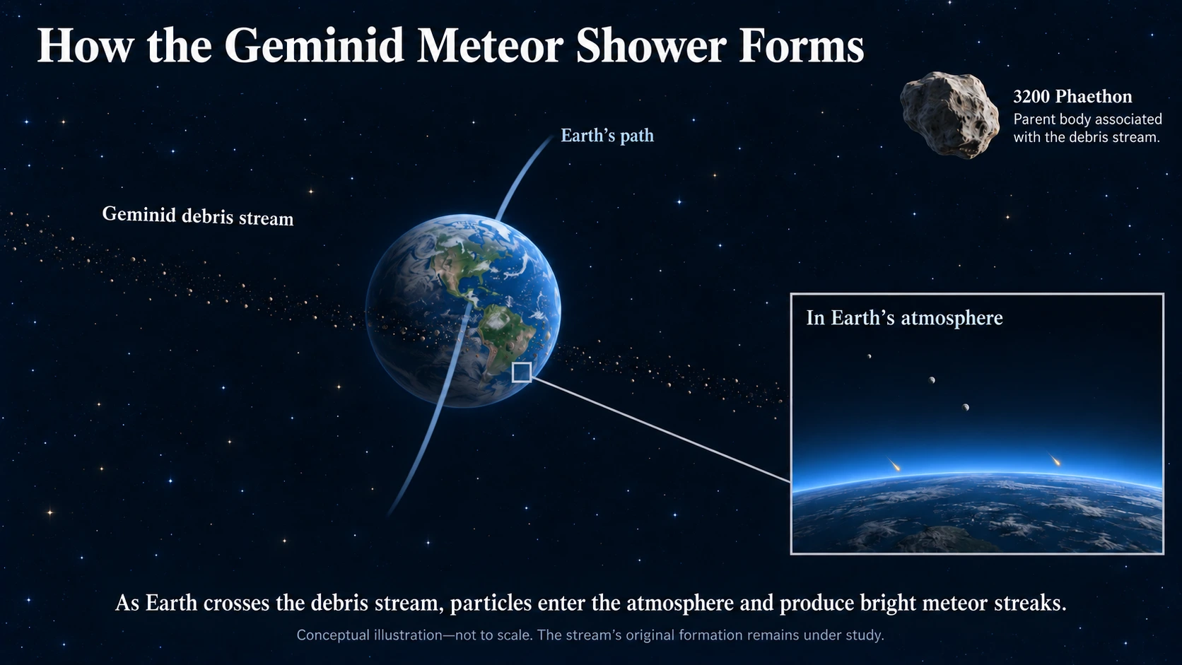 Diagram of Earth crossing the Geminid debris stream associated with asteroid 3200 Phaethon, with an inset showing meteors in the atmosphere.