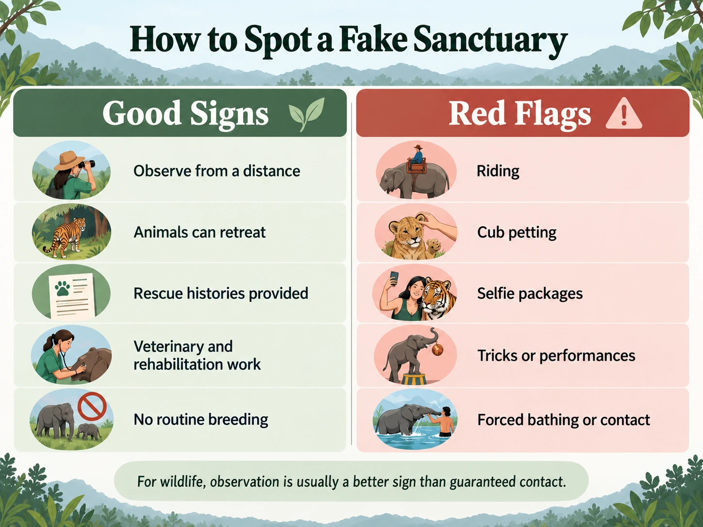 Infographic comparing good signs at ethical wildlife sanctuaries with red flags such as riding, cub petting, and forced contact.