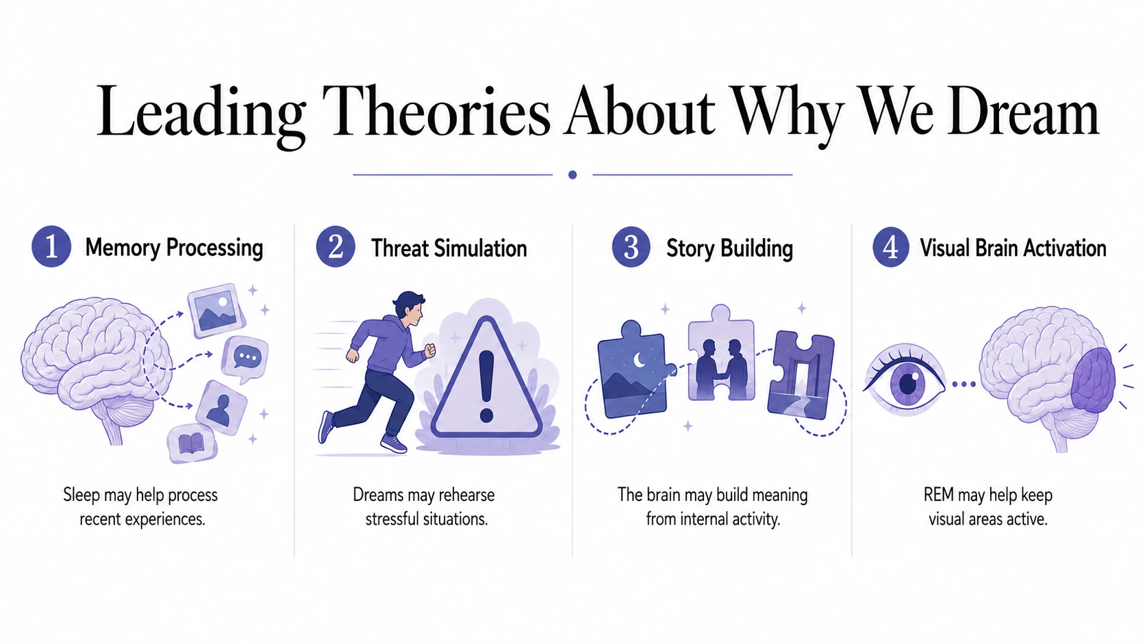 Why do we dream? Infographic comparing memory processing, threat simulation, story building, and visual brain activation hypotheses.