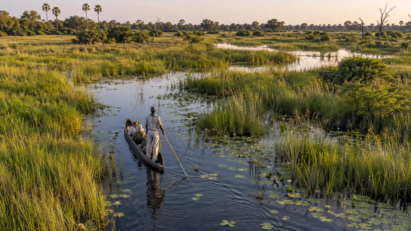 Mokoro canoe safari through the waterways of Botswana's Okavango Delta.