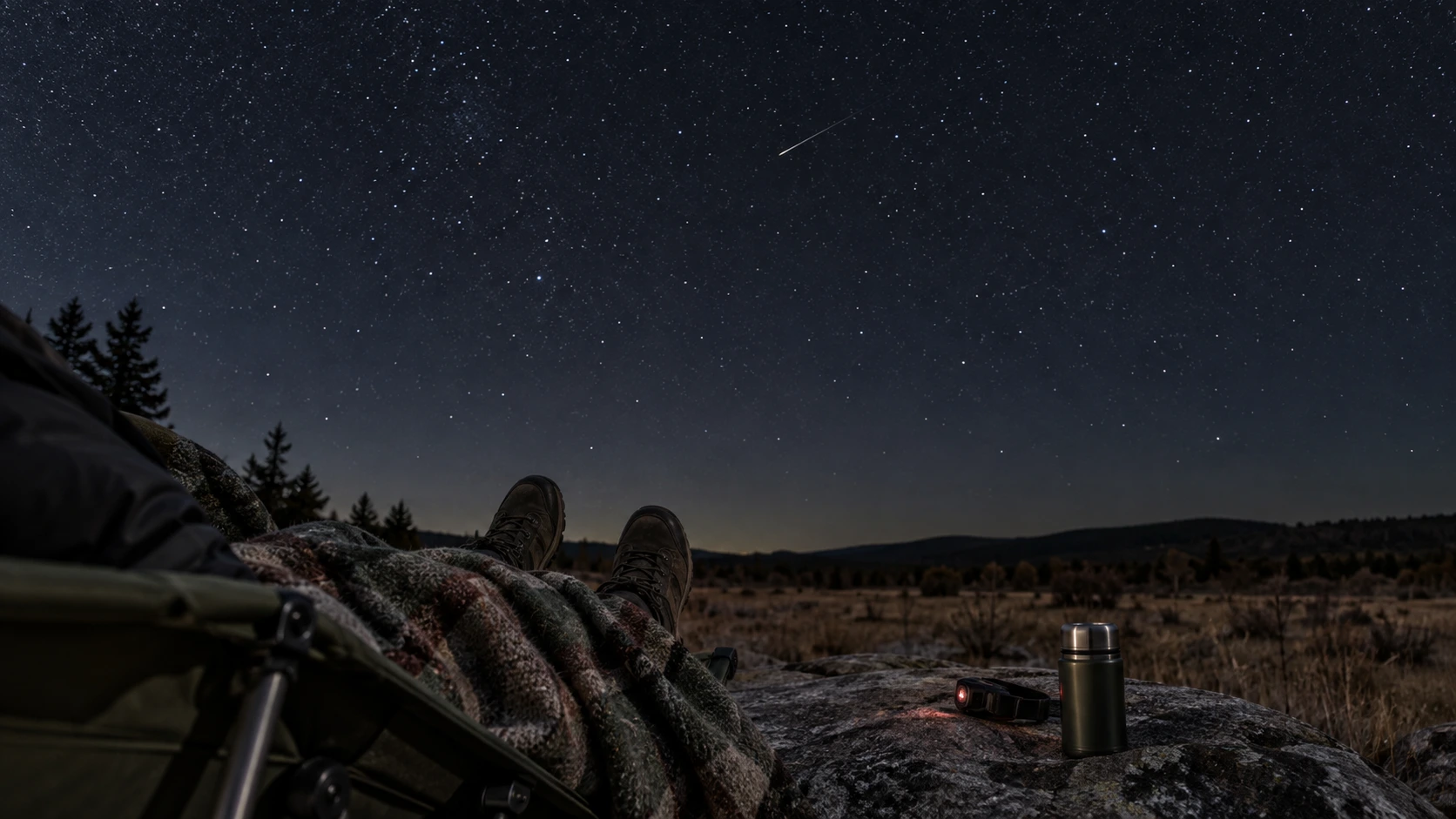 Reclining observer under a blanket watching a meteor, with a dim red headlamp and flask nearby.