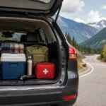 Car trunk packed with road trip essentials including backpacks, cooler, blanket, water bottle, flashlight, and first aid kit.