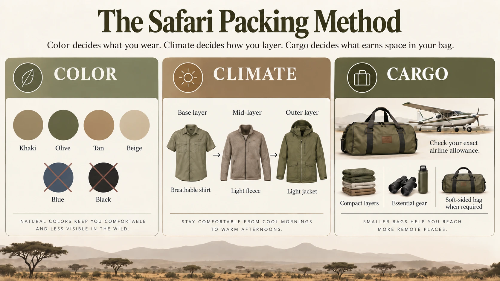 African safari packing list infographic showing clothing colors, layering and luggage guidance.