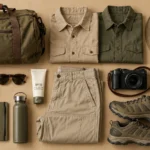 Safari packing list essentials with neutral clothing, binoculars, hat, camera, trail shoes, and soft-sided duffel bag.