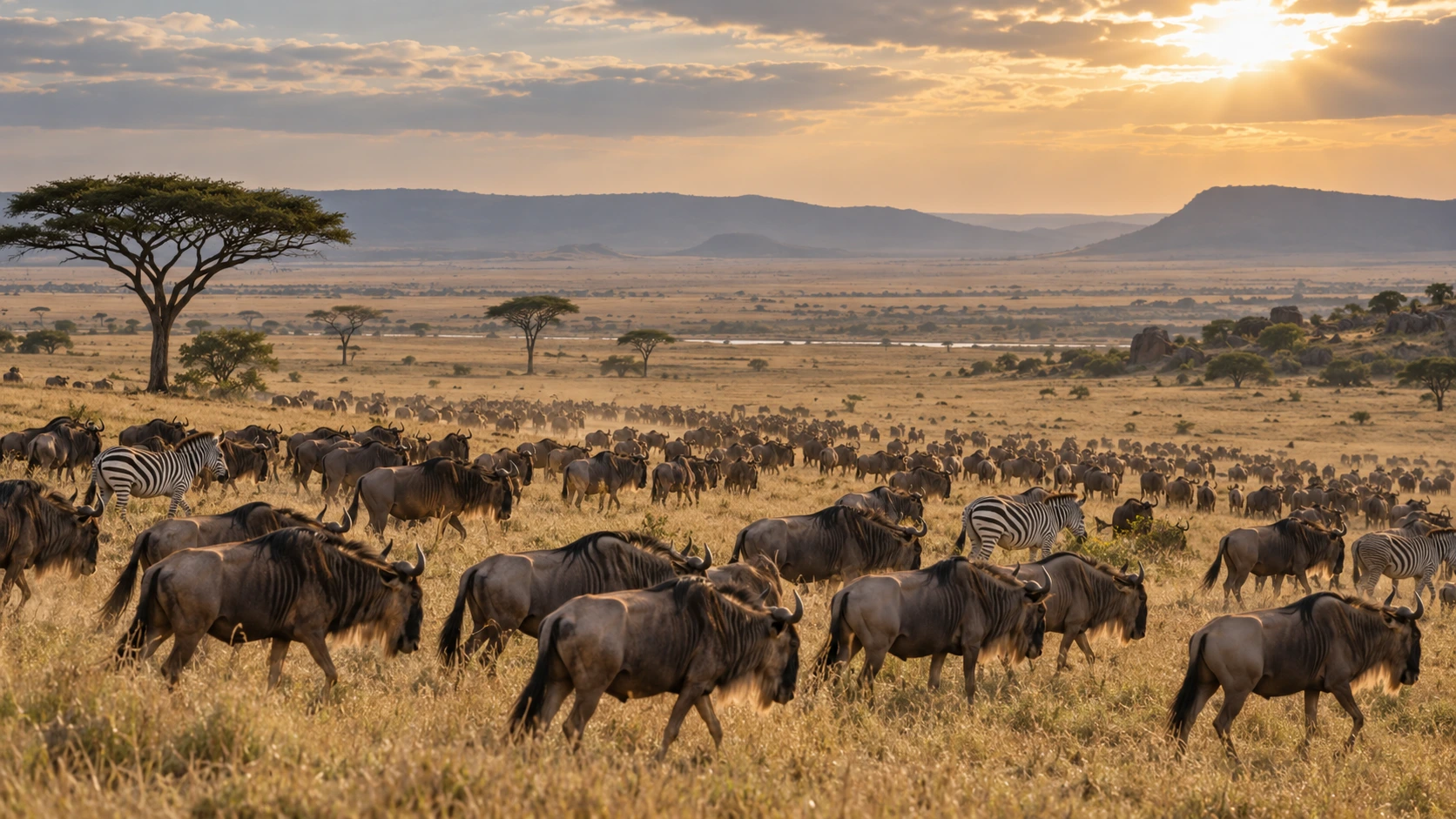 Wildebeest and zebras on the Serengeti plains during the Great Migration, one of the best safari destinations in Africa.