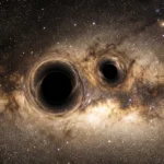Scientific visualization of what happens when black holes collide, showing two dark event horizons bending background starlight just before merging.