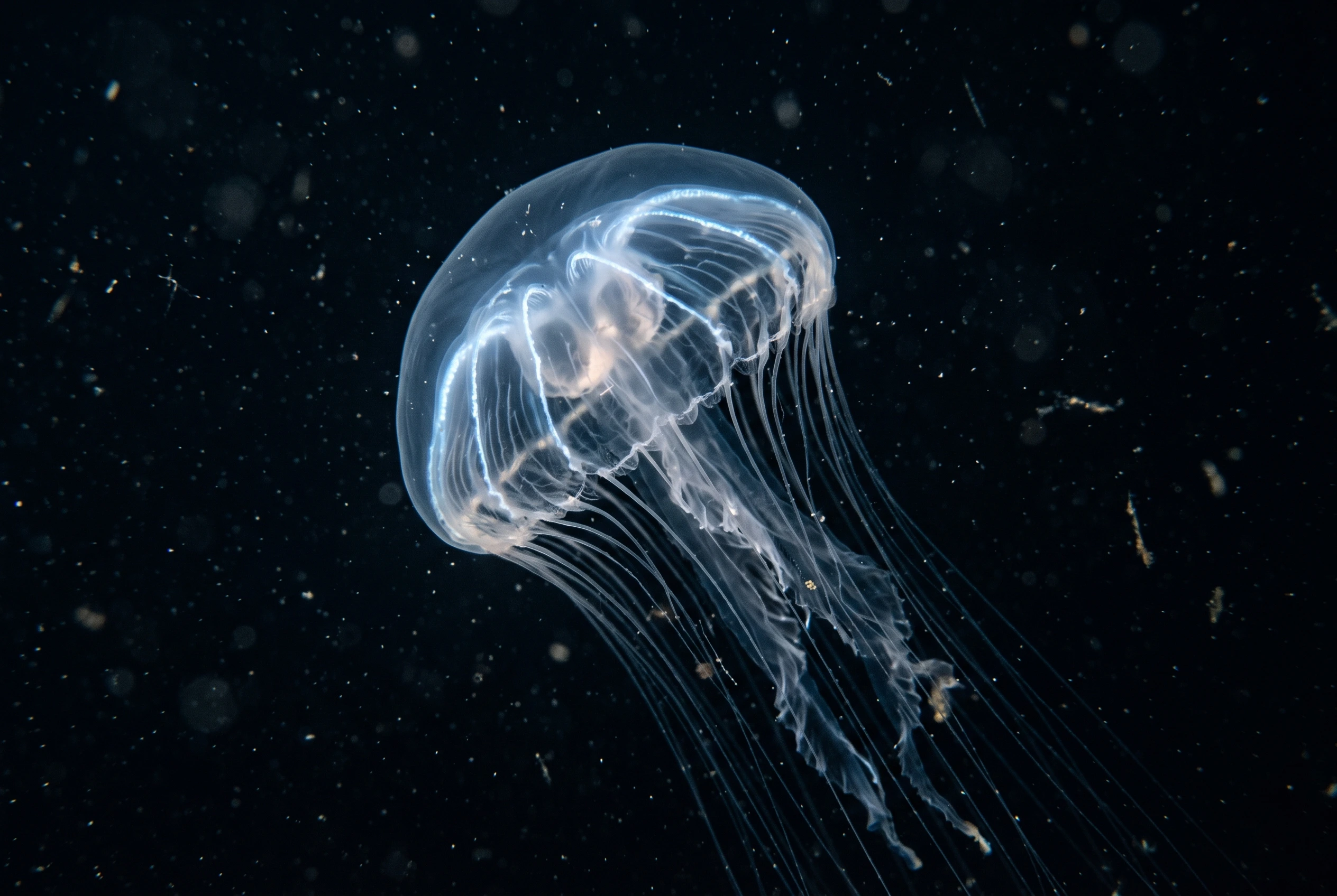 A translucent deep-sea jellyfish glowing with a natural blue light against a pitch-black background.