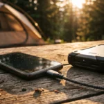 A smartphone plugged into a rugged portable power bank resting on a wooden camp table at sunset, with a tent in the background.